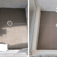 Another before & after image of a leaking shower with missing grout and no perimeter seal.