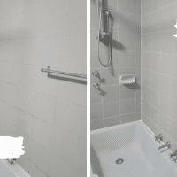 Before & after image of a shower bath with completed shower leak repair. Walls regrouted and junctions resealed