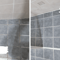 Before & after image of completed leaking shower repair. The floor and walls have been re-grouted, and all junctions have been caulked with silicone. Shower tray angle cover also re-instated & caulked with the shower recess to form a uniform and permanent seal.