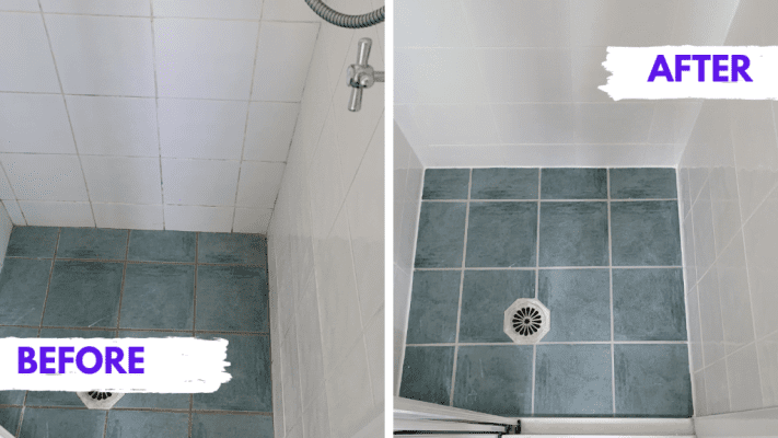 Before & after image of leaking shower repair. It looks fantastic after being re-grouted and having had all the junctions caulked with the right product