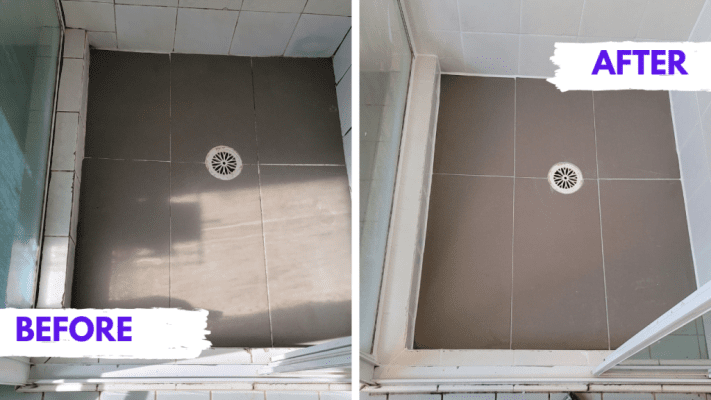 Another before & after image of a leaking shower with missing grout and no perimeter seal.