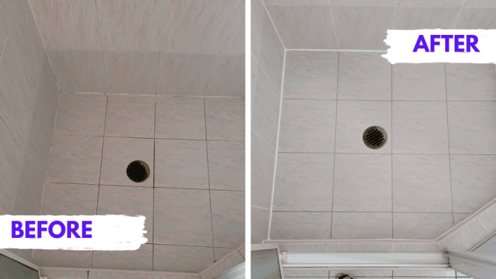 Before & after image of leaking shower repair. It looks fantastic after being re-grouted and having had all the junctions caulked with the right product