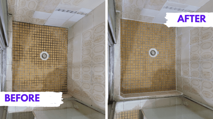 Before & after Image of a successful shower leak repair. The floor has been regrouted and the perimeter resealed